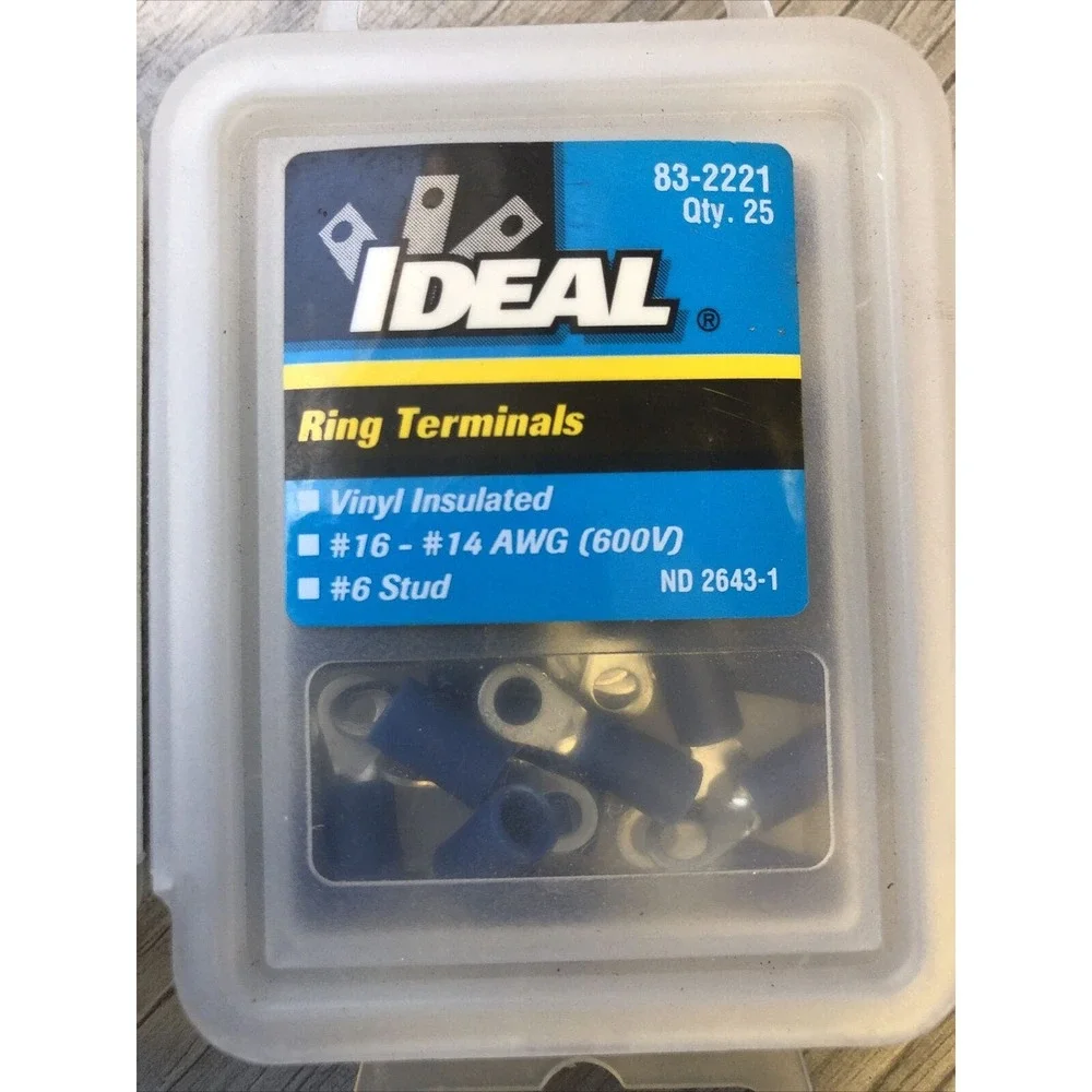 Ideal 83-2221 Vinyl Insulated Ring‎ Terminal, 16-14 AWG, #6 Stud, 250/Box